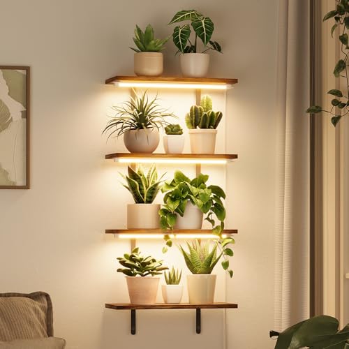 Bamworld Plant Stand with Grow Lights Wood Plant Wall Shelves