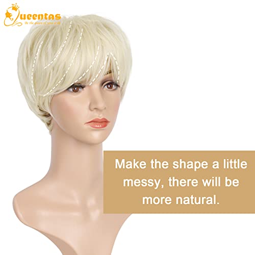 Image of QUEENTAS 8 inch Short Synthetic White Blonde Layered Pixie Cut Wig for Women