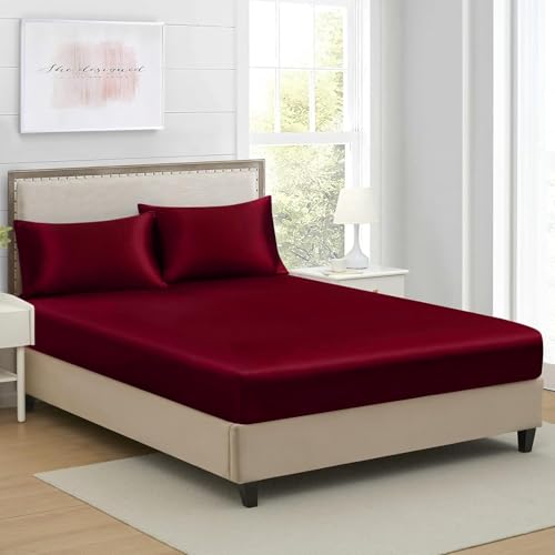Drap Housse 140x190cm Satin Bonnet 30 cm Vin Rouge Microfibre Motif Parure Drap de lit Soie Drap-Housse 140 x 190cm Uni Lisse Respirant pour Matelas Épais