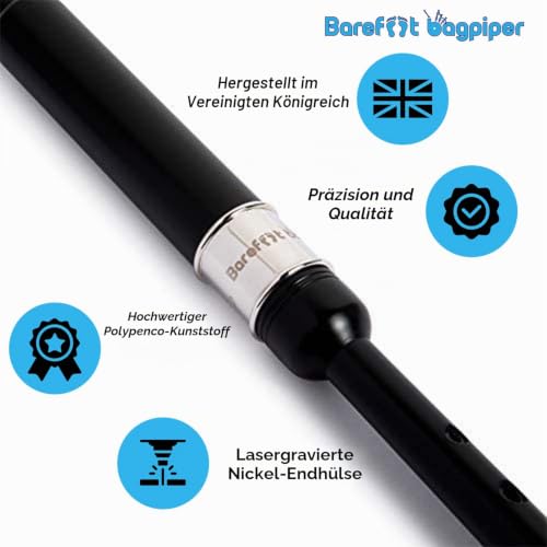 Barefoot Bagpiper Dudelsack-Praxis-Chanter 45,7 cm, vernickelt, gravierte Hülse für Dudelsäcke, Lehrerbuch, 2 Dudelsack-Übungsblätter, Taschenpfeifen für Anfänger, Erwachsene