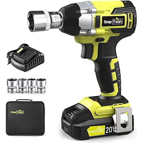 SnapFresh Cordless Impact Wrench, 20V 1/2” Brushless Impact Wrench w/ 335ft-lbs Torque Max, 2300 RPM Variable Speed, 2.0Ah Li-ion Battery & Fast Charger, 4 Pcs Sockets Cover