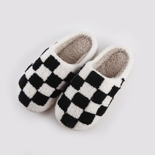 Women's and Men's Fuzzy Checkered Memory Foam Slippers - Fluffy Couple Cozy House Indoor Outdoor Shoes3