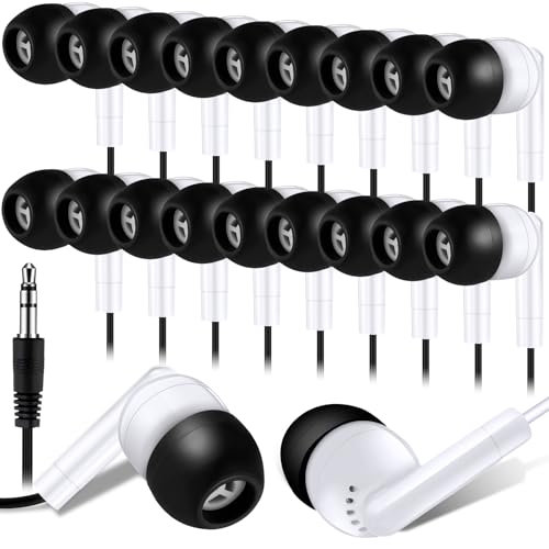 Kanayu 25 Pack Wired Earbuds Bulk for Classroom Ear Headphones Wired Basic Student Earbuds No Microphone with 3.5MM Jack for Class Laptop School Library, Individually Bagged (Black White)