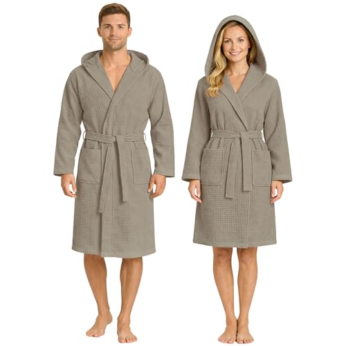 Peignoir unisexe en nid d’abeille en coton pour homme et femme avec capuche, ceinture et poches – léger, absorbant et respirant – idéal pour la maison,...