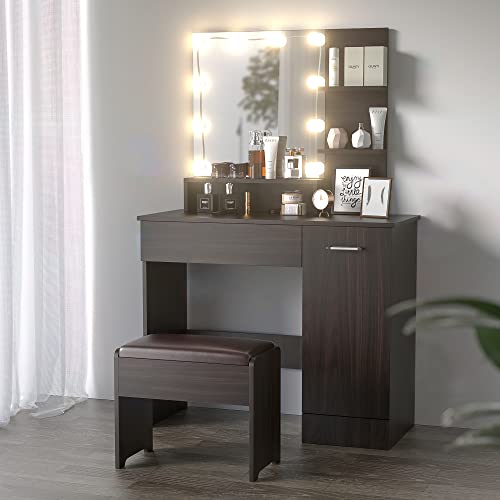 Cozy Castle Black Vanity Table With Diy Lighted Mirror, Makeup Vanity Table Set With Drawer And Storage Cabinet, Dressing Table With Cushioned Stool For Bedroom, Makeup Room #TOP26