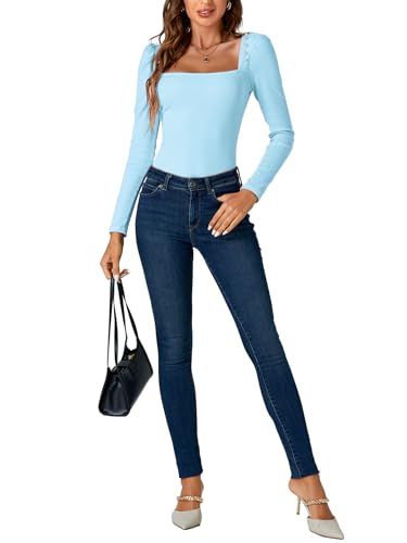 Image of LYANER Women's Rib Knit Square Neck Long Sleeve Elegant Slim Basic Sweater Top Blouse