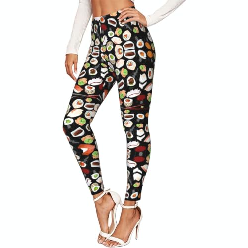 Leggings de compresión suaves para mujer con divertido estampado de sushi negro