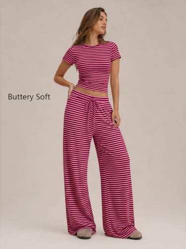 Image of Trendy Queen 2 Piece Matching Summer Lounge Set Womens Side Ruching Top Wide Leg Pants Sets with Pockets