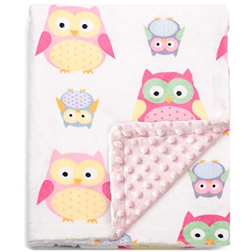 Image of BORITAR Baby Blanket Soft Minky with Double Layer Dotted Backing, Lovely Pink Owls Printed 30 x 40 Inch, Receiving Blankets