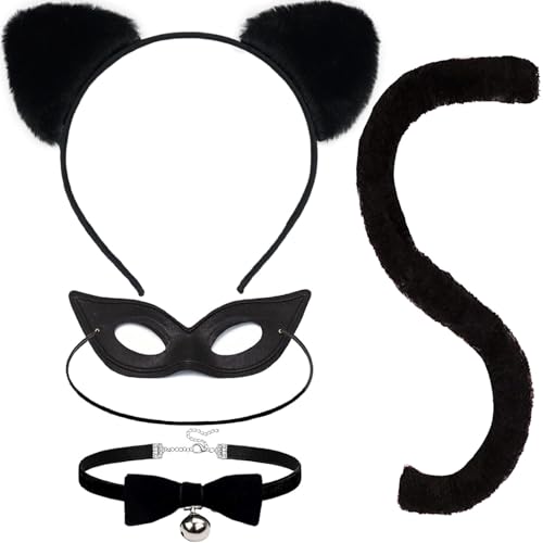 FHAEIOS Black Cat Costume for Woman Cat Ears and Tail Bell Collar & Mask Set Halloween Cosplay Accessories