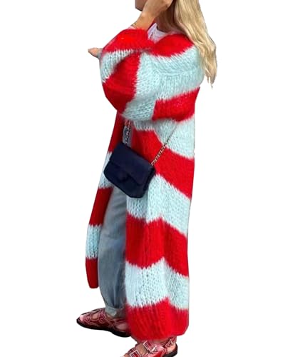 Image of Womens Color Block Striped Cardigan Sweaters Loose Knitted Long Open Front Cardigans(-Red-S)