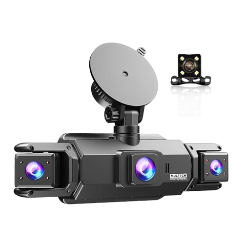 Dashcam 4 Cámaras HD (1080P Delantera + 3x720P) con Vigilancia 24h - Pantalla 3.2' + 64GB Integrado - Sensor de Golpes & Visión Nocturna