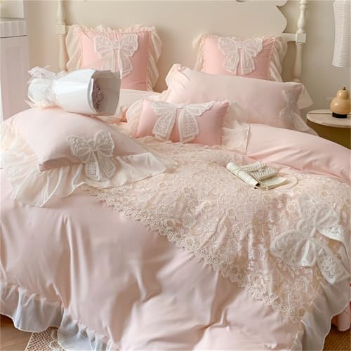 MOOWOO Princess Lace Bow Bedding Set- Pink Sweet Girl Chiffon Ruffles Bedding- 3PC...