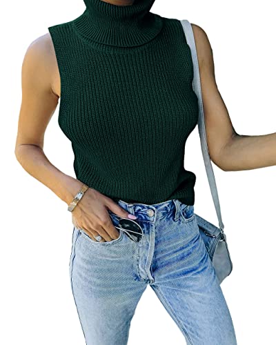 Image of Womens Sleeveless Sweater Vest Turtleneck Ribbed Knit Tank Tops Basic Slim Fit Top
