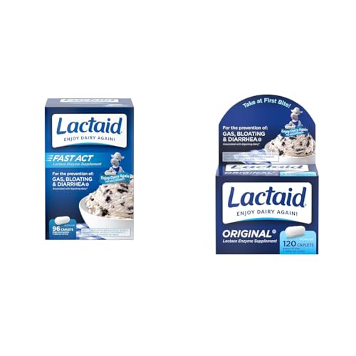 Lactaid Fast Act Lactose Intolerance Caplets with Lactase Enzyme, Dairy Relief from Gas, Bloating & Diarrhea, 9000 FCC Lactose Intolerance Pills, 96 Individual Travel On-The-Go Packs (96 x 1 ct)