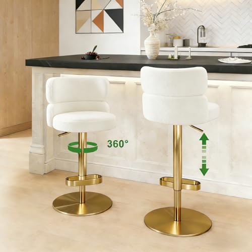 Butaco giratorio ajustable con respaldo, blanco y base dorada | Asiento acolchado en bouclé, respaldo acolchado, altura ajustable, giro de 360° y base dorada para islas de cocina y bares domésticos. miniatura 5