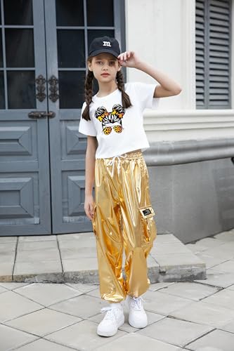 Image of Betusline Girls 2 Piece Outfit Set, Short Sleeve Crop Top & Cargo Jogger Pants Trendy Casual Clothes, Girl Clothes Set,4T-14Y