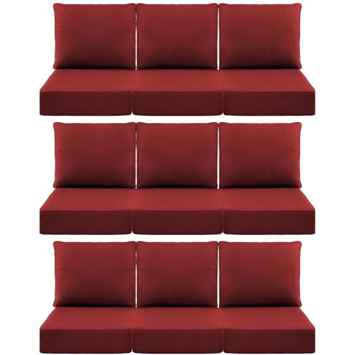 Luxury 6" Outdoor Cushions for Patio Furniture, 24x24x6 Thick Seat Cushion Set of 9, Fade Resistant Couch Chair Replacement Cushions High Density Deep Wicker Chair Cushion w/Removable Cover, Red