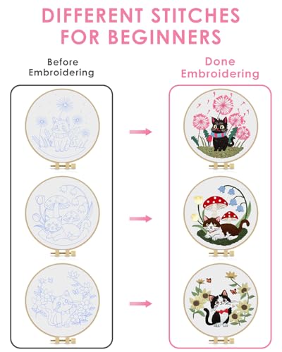 Image of TINDTOP Embroidery Kit for Adults, Cat Embroidery Practice Kit | for Beginners Include Embroidery Cloth Hoops Threads for Craft Lover Hand Stitch with Embroidery Skill Techniques
