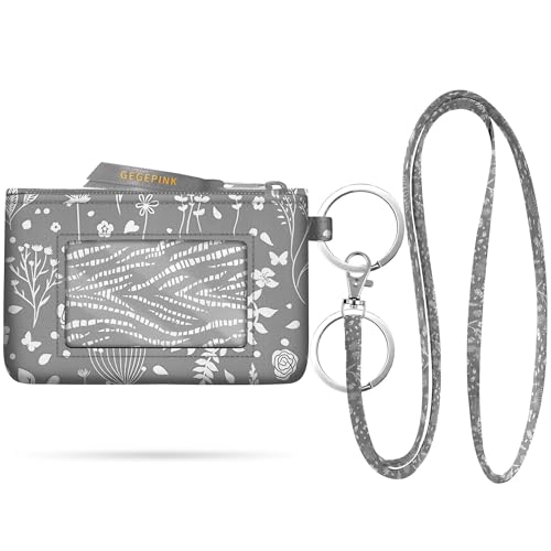 GEGEPINK ID Case Keychain Wallet with Lanyard Minimalist Water Resistant Small Coin Pouch with Clear ID Window Cute Zipper Coin Pouch-Grey Flower Wallet Keychain
