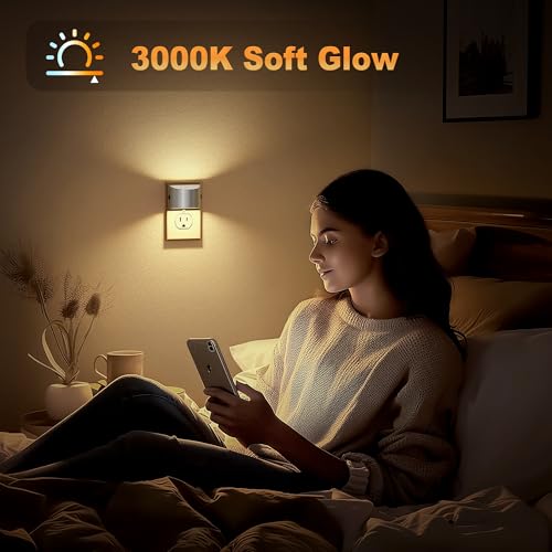 Image of JandCase LED Night Lights Plug into Wall, 2 Pack Modern Night Lights, Dusk to Dawn Sensor Nightlight, 0-100LM Brightness Adjustable, 3000K Soft White(Silver)