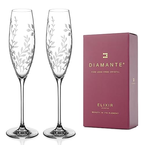 DIAMANTE Crystal Champagne Flutes Prosecco Glasses Pair - ‘Breeze’ - Intricately Etched Floral Leaves Pattern - Set of 2 - Image 2