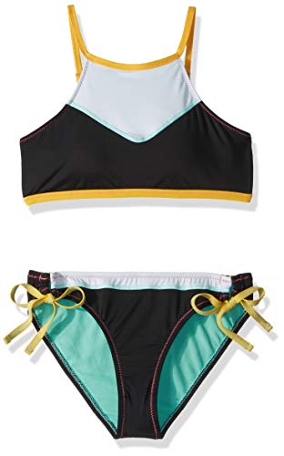Hobie Girls' Hi-Neck Bikini Top and Side Tie Hipster Bottom Swimsuit Set, Black//Stitch Perfect, 7