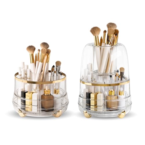 Image of KiZY Luxury 360 Rotating Makeup Brush Holder Organizer | Countertop Organizer Skincare Storage for Vanity, Desktop, Bathroom, Cosmetics | Lipstic, Eyeliners, Perfume Storage. (COMBO-2)