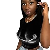 ANKOMINA Women's Cute Printed Short Sleeve Crop Tops Funny Tee Shirt with Chain On The Chest Club Streetwear