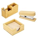 Buqoo Bamboo Office Supplies Desk Organizers, Wood Sticky Notes Holder Tape Dispenser Cutter Wooden Stapler for Office Home School