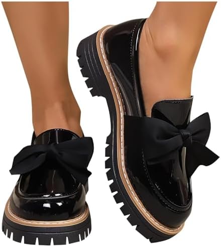 Women's Leather Bow Platform Loafers Slip-On Chunky Heel Work Office Business Shoes Ladies Black — view 4