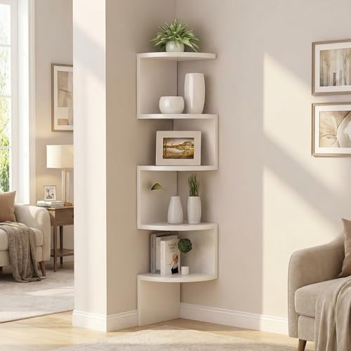 FRAWENLECO Eckregal ohne Bohren, Wandhalterung, 5-stöckiges schwebendes Eck-Bücherregal mit Haken, platzsparendes Zick-Zack-Pflanzenregal für Schlafzimmer, Wohnzimmer, Badezimmer, Home Office