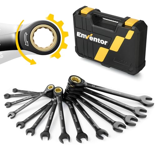 Enventor 14PCS Ratchet Spanner Set - Metric 6-19mm Ratcheting Combination Spanner Sets with Carry Case 72-Teeth 5 Swing Arc Chrome Vanadium Steel Electrophoretic Black Coating