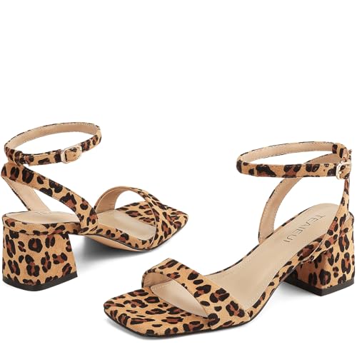 Image of TEAIEUI Block Heels for Women, Square Open Toe Heeled Sandals, Chunky Ankle Strap Shoes for Dress, Party, Prom, Low Heel 2 inch