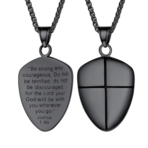 U7 Shield of Faith Pendant Necklace,Stainless Steel Joshua 1:9/Ephesians 6:10 Amulet Necklace for Men Women 2.[Joshua 1:9]-Black