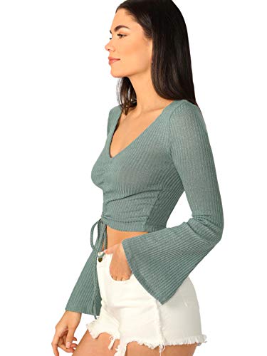 Image of SweatyRocks Women's Adjustable Drawstring String Long Bell Sleeve Rib Knit Sexy Crop Top