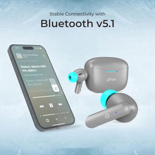 Image of pTron Basspods P81 in-Ear Wireless Earbuds, Pristine Sound, 32Hrs Playtime, Clear Calls TWS Earbuds, Bluetooth V5.1 Headphone, Type-C Fast Charging, Voice Assist & IPX4 Water Resistant (Grey)