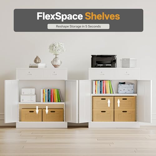 Metal Storage Cabinet with 2 Drawers 36" H,White Metal Garage Cabinets with 2 Lockable Doors and Adjustable Shelves Easy to Assemble for Home Office, Kitchen,Pantry,Garage,Warehouse