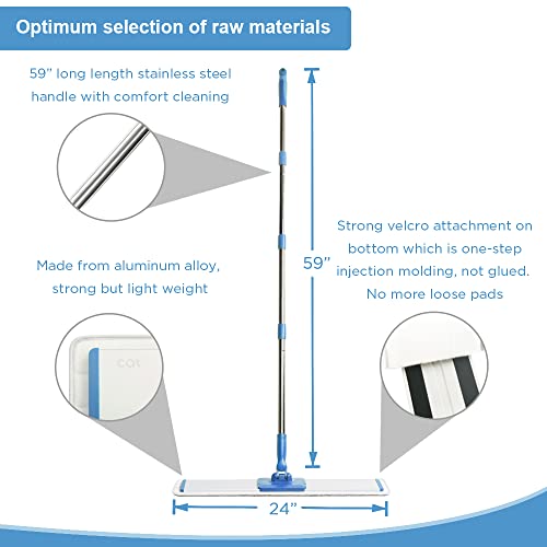Cqt Commercial Flat Microfiber Floor Mop Cleaning System 24" Inch Wet Dry And Dust Hardwood With 4 Washable Pads Cleaner For Laminate Tile Stainless Steel Handle And Extension (Blue) #TOP3