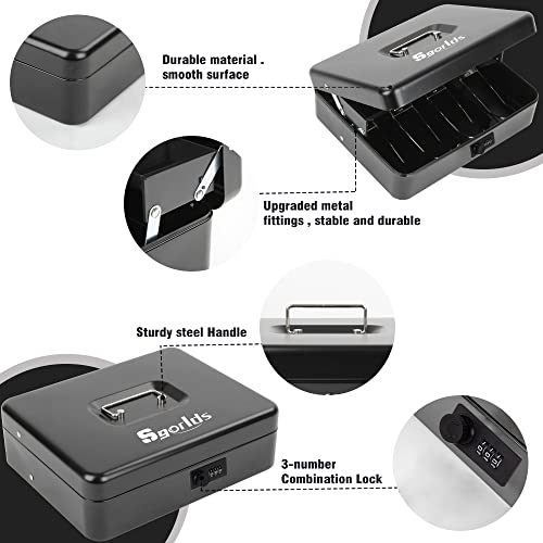 Sgorlds Large Locking Cash Box with Combination Lock and Money Tray, Money Box with Cash Tray, Lock Safe Box for Office Business, 11.8L x 9.5W x 3.5H Inches (Combination, Matte Black)