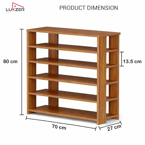 Image of Lukzer 5-Tier Wooden Shoe Rack | Multipurpose Storage Shelf for Shoes, Handbags, Showcase & Accessories | SR-002 /Oak Brown | Engineered Wood Footware Stand for Entryway & Living Room (80x70x27cm)