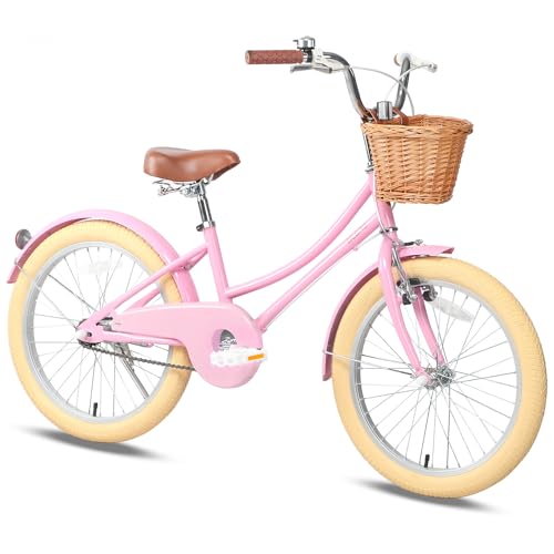 Glerc Bicicleta para niños y niñas de 20 pulgadas para 6, 7, 8, 9, 10 años, estilo retro vintage, bicicletas con cesta ruedas de entrenamiento y campana, color rosa