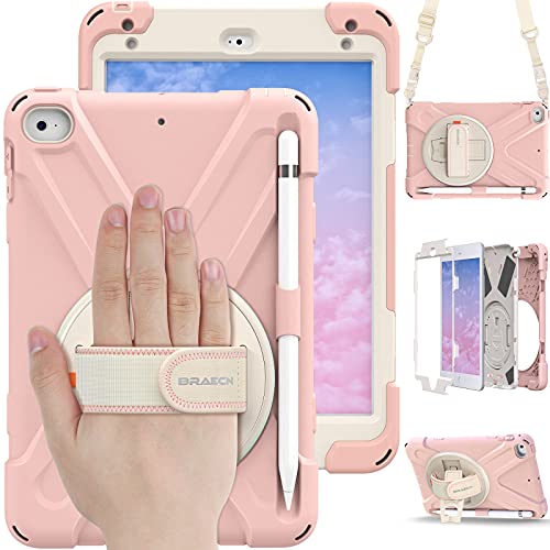 BRAECN iPad Mini 5th Generation Case, Shockproof Rugged Protective Kids Boys Girls Case with Pencil Holder, Hand Strap, Shoulder Strap, Kickstand for Apple iPad Mini 5th /4th Gen 2019/2015-Sakura Pink