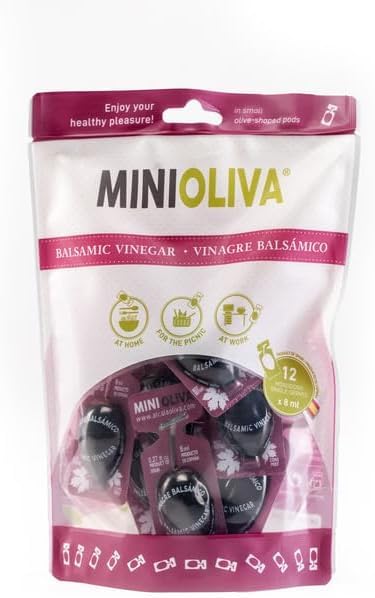 MINIOLIVA Vinagre Balsámico | 12 Dosis Individuales de 8 ml | Perfecto para Casa, Trabajo, Picnic y Uso Diario | Empaque Ecológico y a Prueba de Fugas
