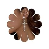 Katshdan Pendientes colgantes de cruz de circonita cúbica para mujer, aretes de cruz de cristal de plata, aretes largos de cruz de circonita cúbica, aretes de lágrima de crucifijo