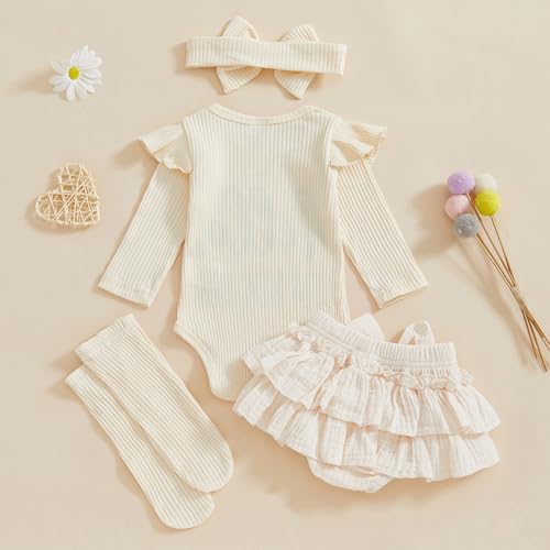 Im New Here Newborn Baby Girl Outfit Ruffle Romper Tiered Tutu Dress Shorts Headband Socks Coming Home Clothes Set3