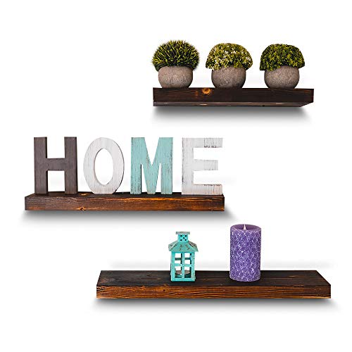 East World Torched Floating Shelves Set of 3 Rustic Wood Wall Shelf with Hardware! Easy to Install Shelving and Rustic Wall Decor - Bathroom Shelf, for Kitchen Wall Decor, Living Room, Bedrooms