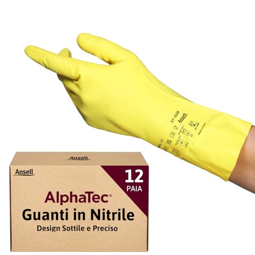 Ansell AlphaTec 37-320 Guanti da Lavoro in Nitrile, Protezione Multiuso per Usi Alimentari, Domestici e Professionali, Guanti Riutilizzabili Senza Lattice, Giallo, Taglia L (12 Paia)