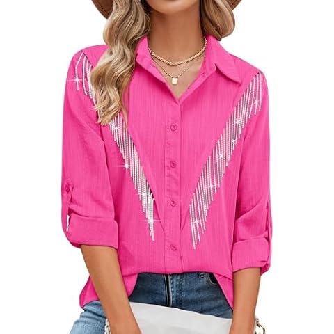 MYMORE Womens Hot Pink Rhinestone Fringe Shirt Top Country Concert Outfits Glitter Long Sleeve Button Down Shirts Nashville Western Wear Cowgirl Outfit Clothes M Cover