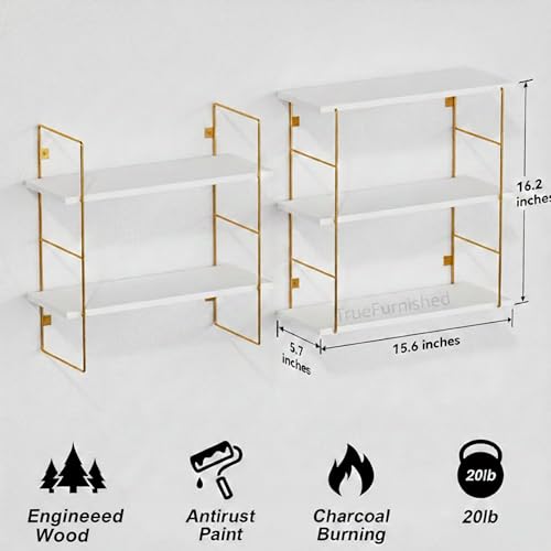 Image of Floating Shelves for Living Room Bedroom Bathroom Kitchen White Rustic Wood Wall Mounted Shelves with Metal Brackets, Storage Shelves for Wall Decor Set of 6-White